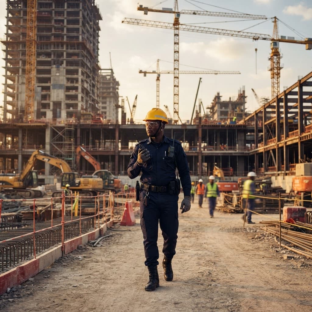 P-Beretta security officer patrolling a Nigerian construction site