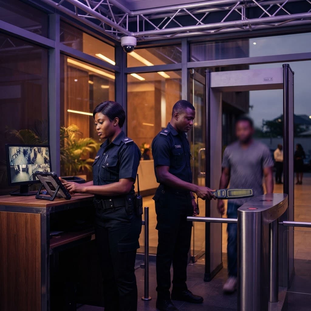 P-Beretta security officers operating a checkpoint with technology
